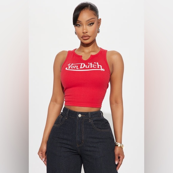Von Dutch Red Ribbed Tank Top - Picture 2 of 6